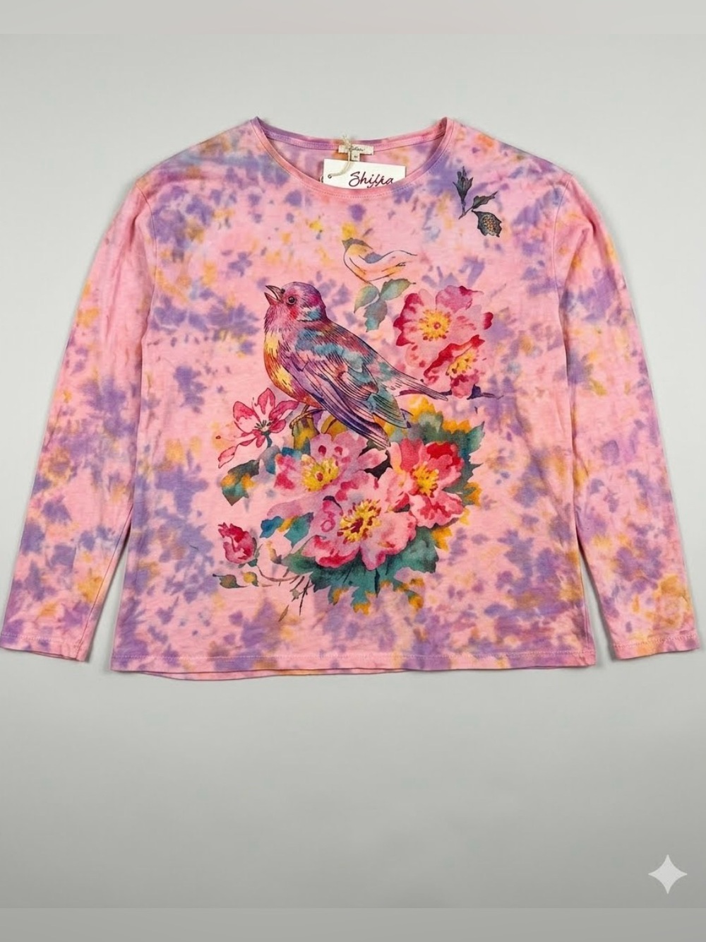 Women's Pink Tie-Dye Long Sleeve Top with Bird & Floral Print